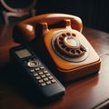 Old antique telephone sits next to modern cordless phone Royalty Free Stock Photo