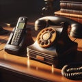 Old antique telephone sits next to modern cordless phone Royalty Free Stock Photo