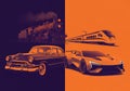 Juxtaposition highlights the progression from classic to modern transportation Royalty Free Stock Photo