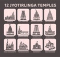 12 Jyotirlinga temples vectot icon set. 12 shiva Mandir