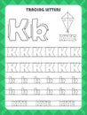 Trace letters of English alphabet and fill colors Uppercase and lowercase K. Handwriting practice for preschool kids worksheet. Royalty Free Stock Photo