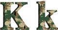 Alphabet letter k uppercase and lowercase, abstract military camouflage texture font