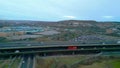 4K Aerial Footage of Tinsley Viaduct, two tier road bridge, with Meadowhall in Distance, Sheffield, South Yorkshire, England