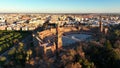 4k Aerial view of Plaza de Espana at sunrise in Seville, Spain. Royalty Free Stock Photo