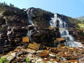 4k Amazing Rocky Mountain glacier stream waterfall in the summer with flowers Royalty Free Stock Photo