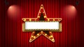 4k animation of a cinema theater sign shape star color red on red curtain ang spotligth.mov