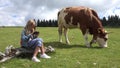 4K Cowherd Child Playing Tablet, Pasturing Cows, Girl Using Smart Phone, Cattle