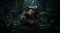 8k 3d Environmental Portraiture: Suspicious T-rex In Dark Jungle