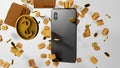 8K 3D render Smartphone`s Back View with Parcels and Golden Coins Falling down all over the Screen Background Royalty Free Stock Photo