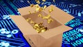 8K 3D Rendered Golden Dollars Coins Falling into Brown Package on Circuit Board, Work From Home and Binary Background Still Image