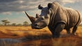 8k 3d Rhino In Field: Finely Rendered Textures With Strong Facial Expression