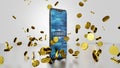 8K E-commerce 3D render Smartphone and Dollar Coins Falling and Bouncing on the Floor with Abstract Digital Display Ver.3