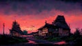 Anime, manga landscape at dusk. 4K moody, lofi, abstract background. Sad beautiful artwork with pink clouds and fields.