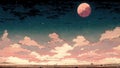 Anime, manga landscape at dusk. 4K moody, lofi, abstract background. Sad beautiful artwork with pink clouds and fields.