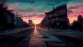 Anime, manga landscape at dusk. 4K moody, lofi, abstract background. Sad beautiful artwork with pink clouds and fields.