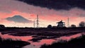 Anime, manga landscape at dusk. 4K moody, lofi, abstract background. Sad beautiful artwork with pink clouds and fields.