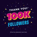 100k followers card banner post template for celebrating many followers in online social media networks.