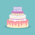 100K followers celebration. Cute layered cake covered with icing