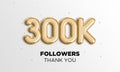 300k followers celebration. Social media poster. Followers thank you lettering. 3D Rendering