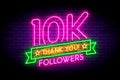 10K, 10000 followers neon sign on the wall. Royalty Free Stock Photo