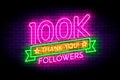 100k, 100000 followers neon sign on the wall. Royalty Free Stock Photo