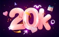 20k or 20000 followers thank you Pink heart, golden confetti and neon signs. Social Network friends, followers, Web user Royalty Free Stock Photo
