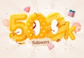 500k or 500000 followers thank you Pink heart, golden confetti and neon signs. Social Network friends, followers, Web