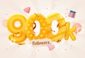 900k or 900000 followers thank you Pink heart, golden confetti and neon signs. Social Network friends, followers, Web