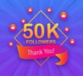 50k followers, Thank You, social sites post. Thank you followers congratulation poster. Vector illustration. Royalty Free Stock Photo