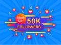 50k followers, Thank You, social sites post. Thank you followers congratulation poster. Vector illustration. Royalty Free Stock Photo
