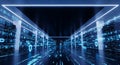 8K Futuristic data center is lit by blue violet light, showing binary code on the sleek black floor Royalty Free Stock Photo