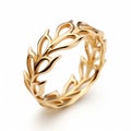 Meticulously Designed 14k Gold Leaf Ring On White Background