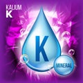 K Kalium Vector. Mineral Blue Drop Icon. Vitamin Liquid Droplet Icon. Substance For Beauty, Cosmetic, Heath Promo Ads