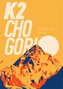 K2 in Karakoram, Pakistan outdoor adventure poster. Chogory mountain at sunset illustration.