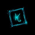 K letter glowing logo design in a rectangle banner