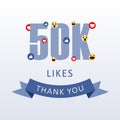 50K Likes Thank you number with emoji and heart- social media gratitude ecard Royalty Free Stock Photo