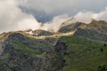 4K peaks in Saas-Fee behind the melting Fee Glacier Feegletscher at sunrise Royalty Free Stock Photo