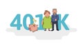 401K pension account, retirement. Acronym with characters, letters and text. Colored flat vector illustration on white