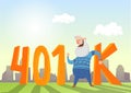 401K pension account, retirement. Happy elderly man in fron of acronym and cityscape. Colored flat vector illustration.