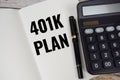 401K Plan text message written on note page with calculator top view on wooden background Royalty Free Stock Photo
