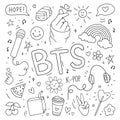 K-pop set. Symbols from the popular Korean music trend. BTS music. I love K-POP sticker. Collection doodles vector illustration