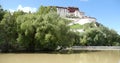 4k Potala in Lhasa,Tibet.lake with willow in lasa park.