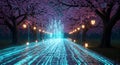 8K render of cyan data flowing over traditional sakura lined stone path, symbolizing technological t Royalty Free Stock Photo