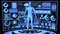 8K 3D Rendered Humanoid/Human-like AI robot with Futuristic Detailed HUD and Digital Circles base stand in Abstract Background