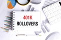 401k rollovers concept on notepad with charts, calculator and office supplies on white background Royalty Free Stock Photo