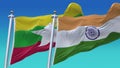 4k Seamless India and Myanmar Flags with blue sky background,JP,IND.