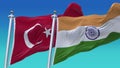4k Seamless India and Turkey Flags with blue sky background,JP,IND.