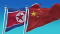 4k Seamless North Korea and China Flags with blue sky background,DPRK CHN CN.