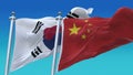 4k Seamless South Korea and China Flags with blue sky background,ROK CHN CN.