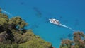 4K Ship Traveling to a Tropical Island Beach, View of Cruise on Mediterranean Blue Waves, Sailing Landscape, Sea Trip on Boat Royalty Free Stock Photo